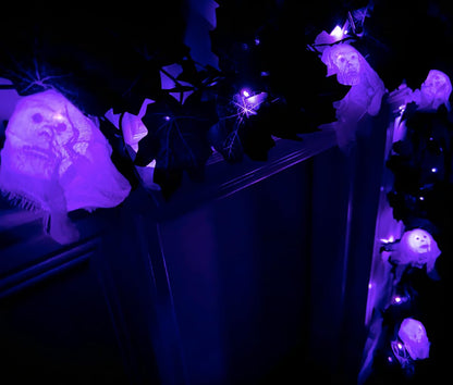 Black Maple Halloween Garland Decor Purple Lights Artificial Wreaths for Wall Fireplace Outdoor Indoor Yard Haunted House Decoration (Skeleton Maple Garlands)