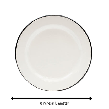 Tablecraft Enamelware Collection Black Rim Solid White Enamel Round Salad Plate, Camping, RV, Farmhouse, Home & Restaurant Use Porcelain Over Steel Reusable, Vintage, Boho, Retro, 8" Dia., Set of 6