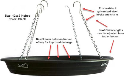 Bird Seed Catcher Tray and Platform Feeder with Adjustable Length Chains (12.5" Wide Black)