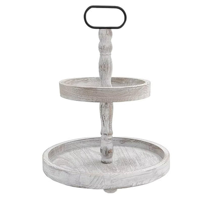 Farmhouse 2 Tiered Tray Stand for Home Decor, Wooden Serving Tiered Tray for Coffee Bar Table Centerpiece, Decorative Trays Kit for Countryside, Round Rustic Stand for Cake Cupcake(White)