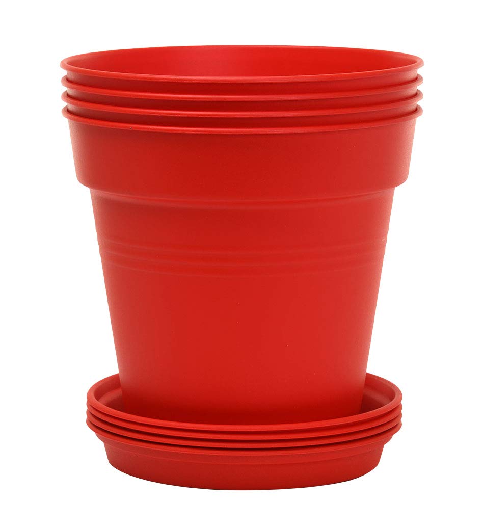 Mintra Garden Pots, 4 Pack Bulk Plastic Plant Pots with Drainage Tray, Round Indoor & Outdoor Decorative Planters with Drain Holes for Flowers, Herbs & Plants, 19cm Diameter – Red, 7.5 in