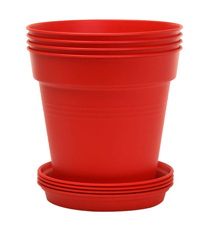 Mintra Garden Pots, 4 Pack Bulk Plastic Plant Pots with Drainage Tray, Round Indoor & Outdoor Decorative Planters with Drain Holes for Flowers, Herbs & Plants, 19cm Diameter – Red, 7.5 in