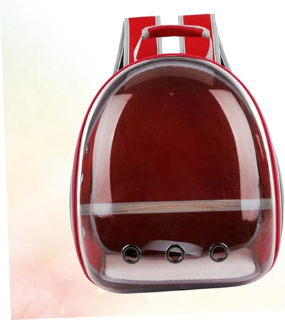 Portable Pet Backpack for Birds Breathable Capsule Carrier Ventilation and Inner Wooden Bar for Outdoor Travel Red Transparent Parrot Bag