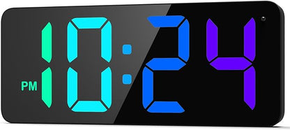 LED Digital Wall Clock with Dynamic RGB Display, Big Digits, Auto-Brightness, 12/24Hr Format, Modern Electric Small Silent Wall Clock for Living Room, Bedroom, Classroom, Farmhouse, Kitchen, Office
