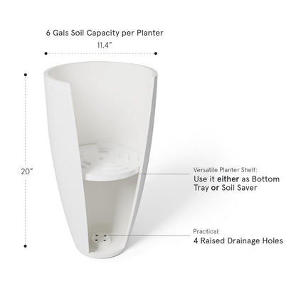 LA Jolie Muse Tall White Planters Set of 2,20 Inch Indoor/Outdoor Round Planters with Shelf Inset,Modern Large Planters with Drainage Holes for Front Door,Balcony and Patio Deck