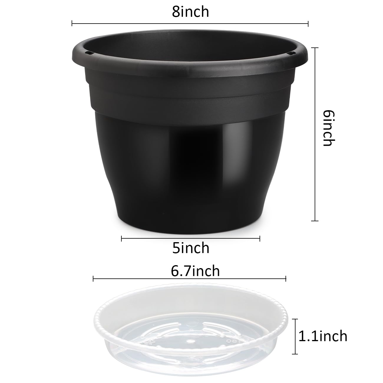 RooTrimmer 8 Inch Black Plastic Plant Pots Set of 10 with Clear Saucers – Durable Flower Pots with Drainage Holes for Indoor & Outdoor Plants