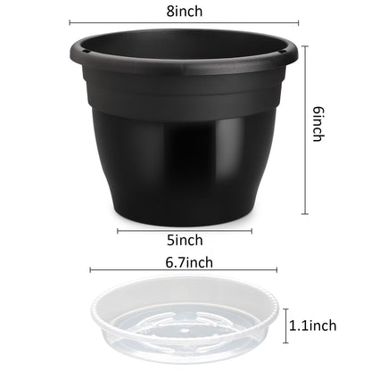 RooTrimmer 8 Inch Black Plastic Plant Pots Set of 10 with Clear Saucers – Durable Flower Pots with Drainage Holes for Indoor & Outdoor Plants