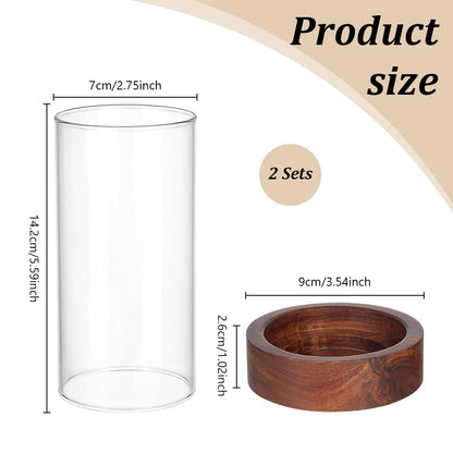 WEBEEDY 2 Sets Hurricane Glass Candle Holders Pillar Candle Holder with Wood Plate Base, Table Decorative, Holder Table Centerpieces for Wedding, Birthday Party, Christmas, Kitchen