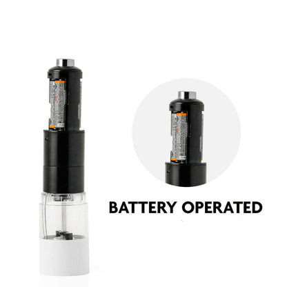 OVENTE Set of 2 Electric Salt & Pepper Mill Grinder, Battery Powered Stainless Steel Blades Automatic One Handed Operation with light and Adjustable Coarseness, Black and White SPD102BW
