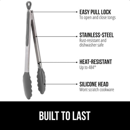 GORILLA GRIP Stainless Steel Heat Resistant Kitchen Tongs for Cooking, 9 + 12 Inch, Set of 2 BBQ Tong, Non Scratch Silicone Tip for Pan, Strong Grip, Grab Food, Toss Salad, Air Fryer, Pull Lock, Black