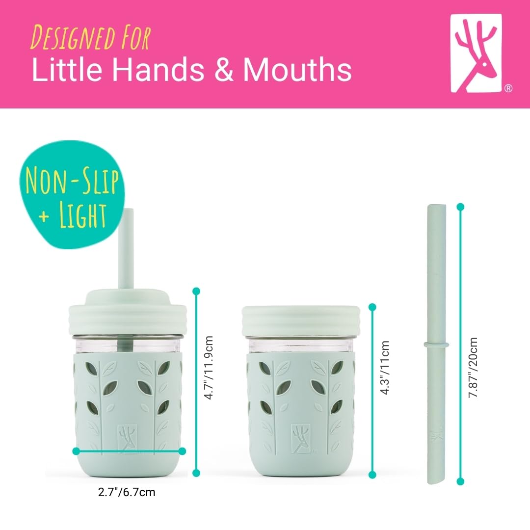 Elk and Friends Kids & Toddler Cups | The Original Glass Mason jars 8 oz with Silicone Sleeves & Silicone Straws with Stoppers | Smoothie Cups | Spill Proof Sippy Cups for Toddlers | 4 Pack