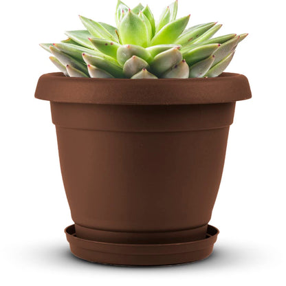 Cubiark Garden 2 pcs 8 Inch Planter Pot with Tray & Drainage, Indoor Plant Pots, Textured Finish, Outdoor Plastic Plant Pot for Porch, Patio, Deck & Balcony (Brown)