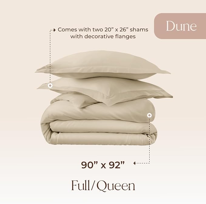 100% Organic Cotton Duvet Cover Queen Size - Naturally Soft Lightweight & Cooling Duvet Cover Set with Decorative Shams - Premium GOTS Certified 300 Thread Count Sateen Weave (Dune, Queen)