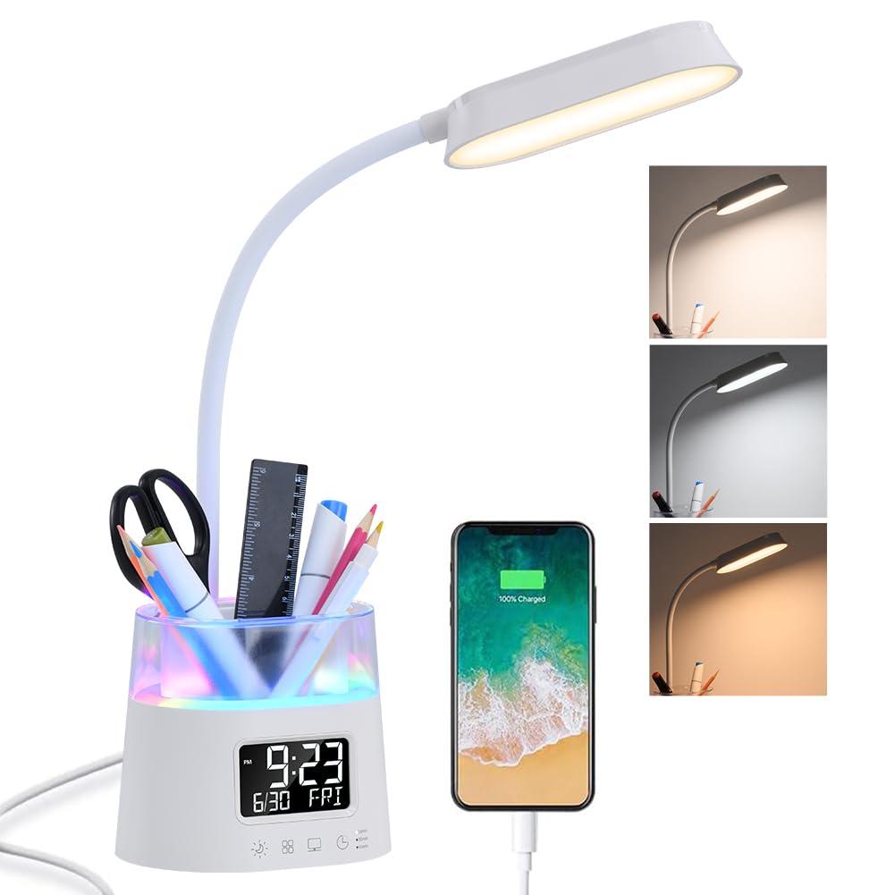 WILIT LED Desk Lamps for Home Office with Pen Holder, Table Lamp for Bedroom with USB Charging Port & Clock, RGB Night Light, Study Lamp for Kids Girls, Desk Light for College Dorm Room Essentials
