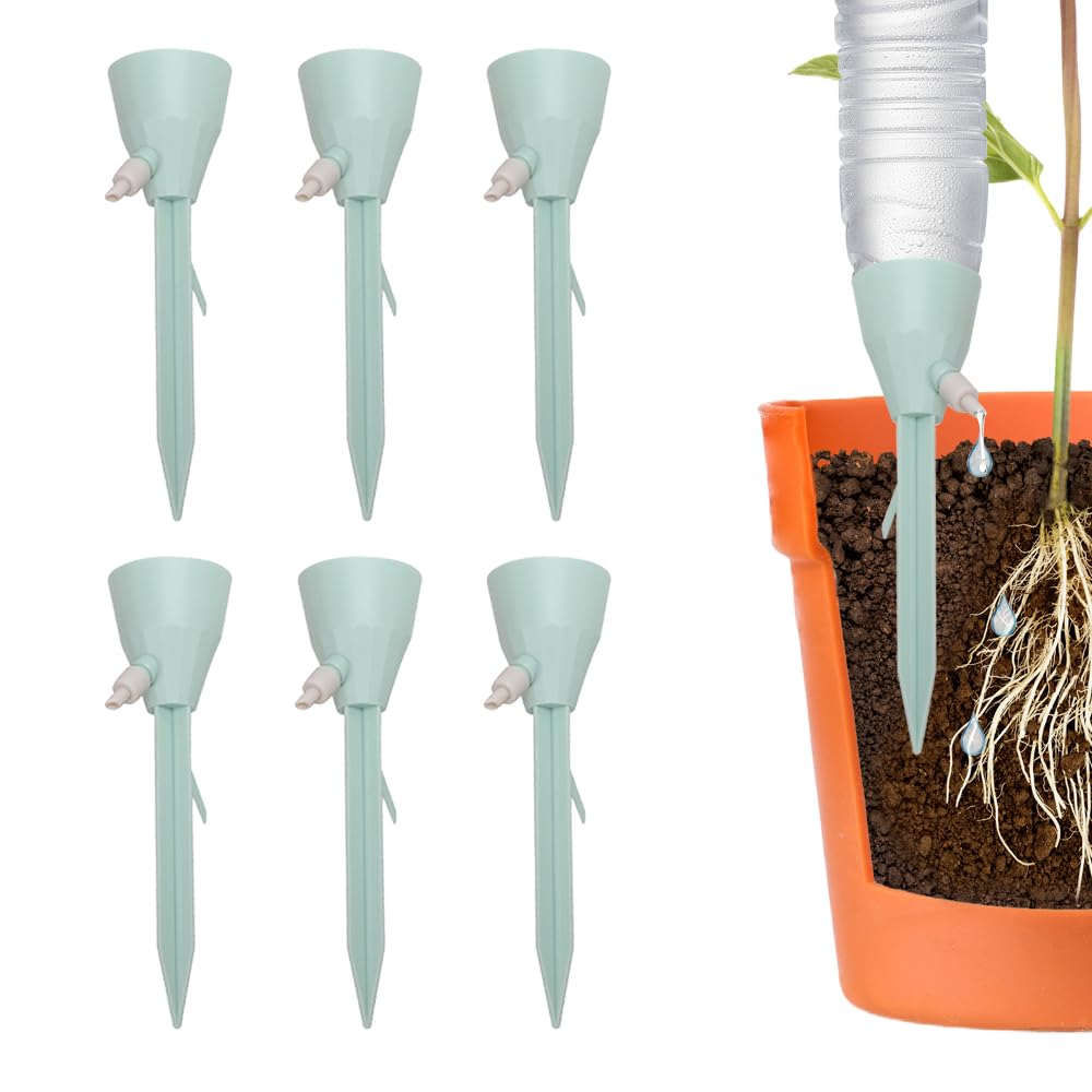 Runsgo Self Watering Spikes, Slow Release Automatic Plant Waterer with Adjustable Valve, Vacation Watering Devices for Indoor Outdoor Plants Garden (6, Green)