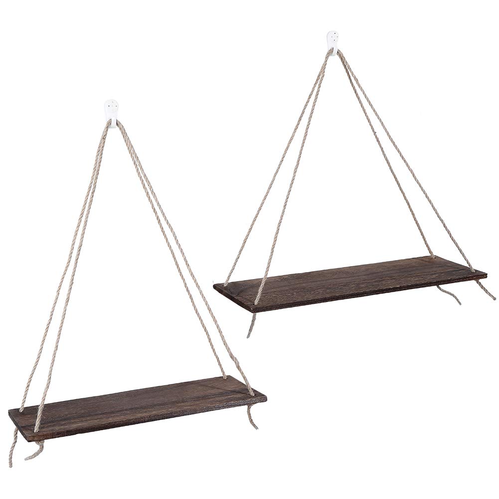 Eeneme 2 x Wooden Hanging Rope Hanging Plant Flower Pot Shelves Home Decorations (Retro Colour)