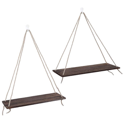 Eeneme 2 x Wooden Hanging Rope Hanging Plant Flower Pot Shelves Home Decorations (Retro Colour)