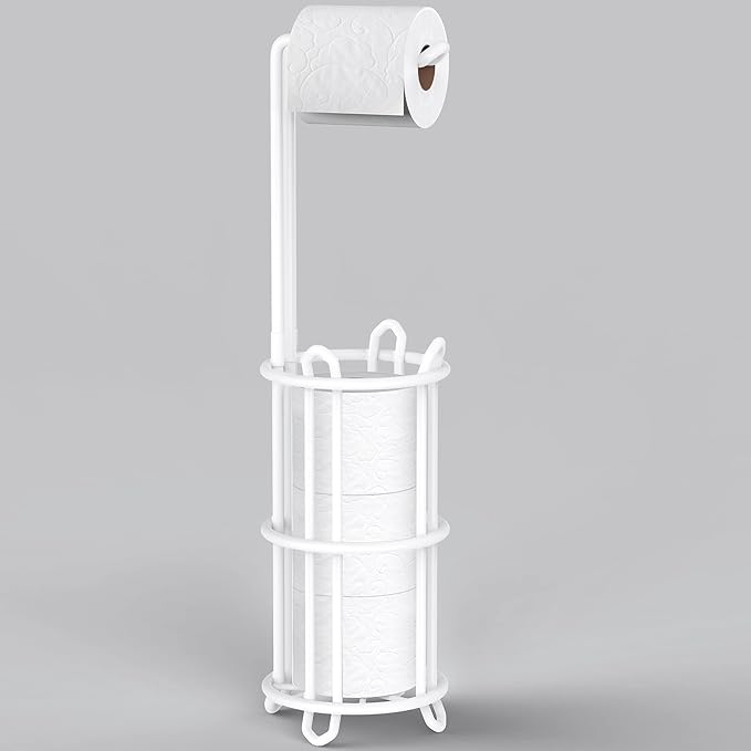 Meangood Toilet Paper Holder Stand and Tissue Paper Roll Dispenser for 4 Mega Rolls, Bathroom Free Standing Tissue Roll Storage Holder Rack, Metal Wire (White)