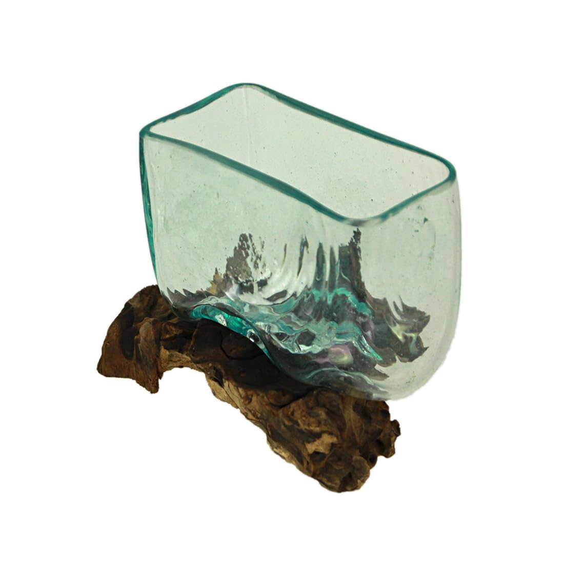 Melted Molten Glass on Teak Driftwood Rectangular Decorative Bowl, Vase, or Planter - Approximately 5.75 Inches High - Nature-Inspired Elegance for Home and Patio Terrarium