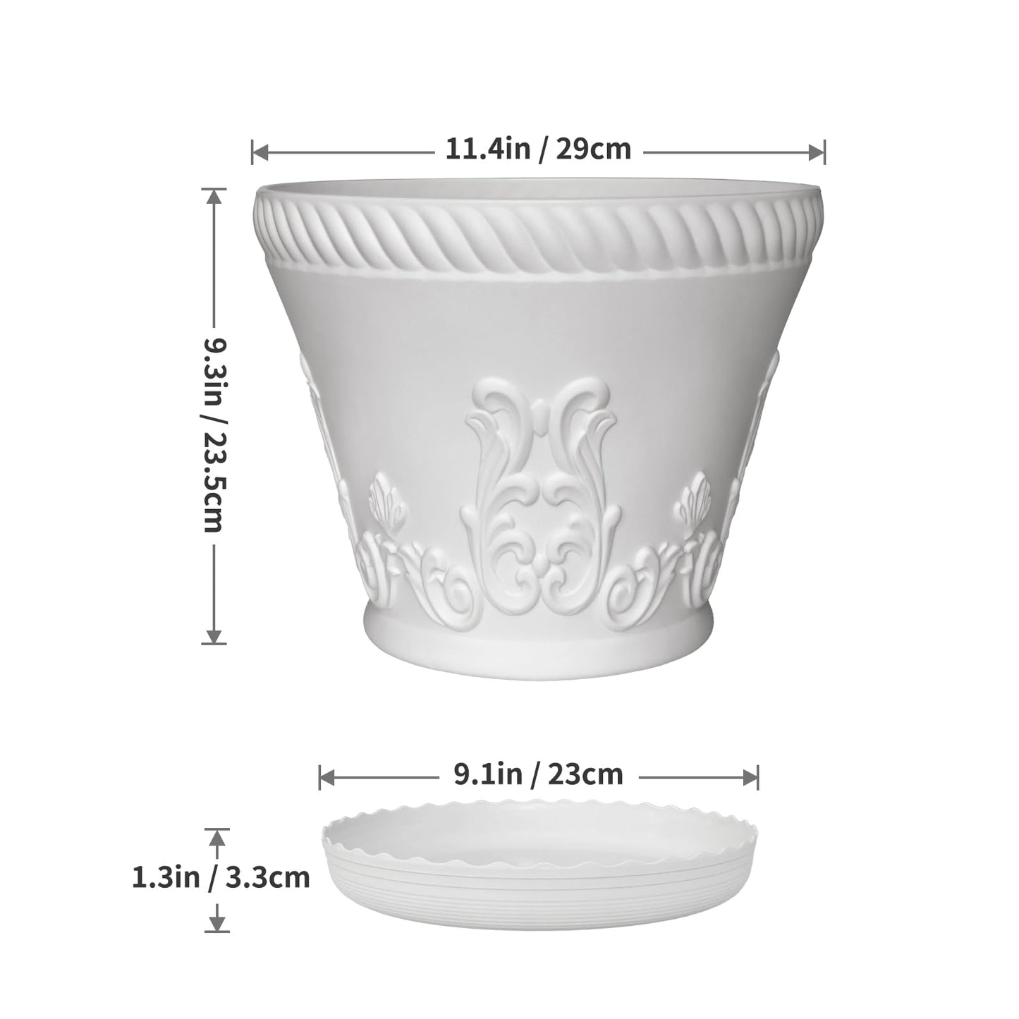 OUMUHE 11.4 Inch Plastic Planters with Drainage and Saucers, Set of 3, Decorative Flower Pots for Indoor Outdoor Use, Available in Terracotta & White (White)