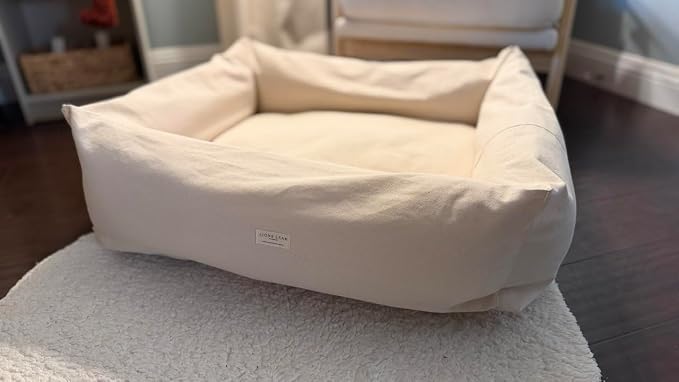 Rectangular Natural Cotton Canvas Dog Bed with Raw Cotton Insert – Eco Friendly Pet Bed with Removable Washable Cover, Breathable Cushion for Dogs & Cats (Natural, Small 24" × 18" × 6")