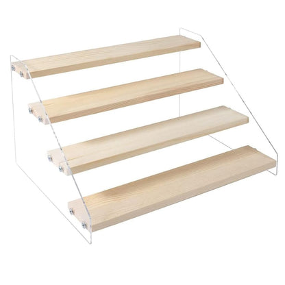BeiHCain 2 Pack 4 Tier 12 Inch Acrylic Wooden Display Stand, Clear Acrylic Display Riser Shelf Wood Tiered Display Shelf Rack Step Ladder Riser Stands for Cupcakes Perfumes Figures Collectibles