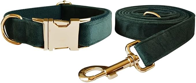 Love Dream Velvet Dog Collar and Leash Set, Soft & Comfy Adjustable Dog Leash and Collar with Heavy Duty Metal Buckle for Small Medium Large Dogs Training & Walking (Large, Green)