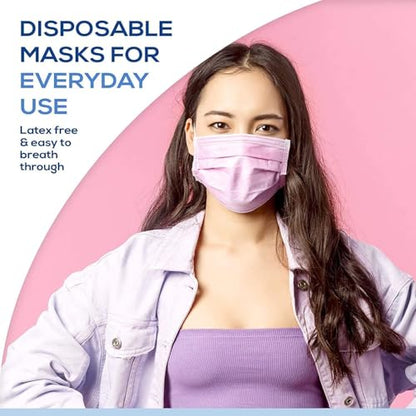 50PCS Cute Pink Disposable Comfortable Earloop Face Masks (10 PCS/Bag Sealed,Pack of 5) Medical Grade ASTM Level 2,High Filtration Ventilation Skin-Friendly 3-Ply Fabric (Non-Woven 65%,Melt-Blown 35%)