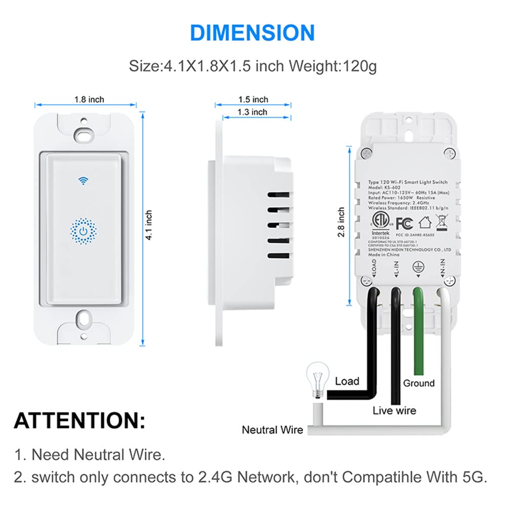 Nexete Smart Wi-Fi Double Light Switch, 2 in1 Single Pole Switch Compatible with Alexa Google Assistant & IFTTT,Remote Control, Timing Function No Hub Required (1-Pack Double)