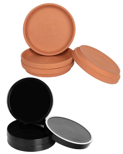 Large Ceramic Plant Saucer and Small Terracotta Pot Plant Saucer - 4 Pcs 7 Inch Black Ceramic Plant Tray and 4 pcs 8 Inch Terracotta Plant Saucer for 4,6,7 Inch Plant Pots with Drainage Hole and Gre