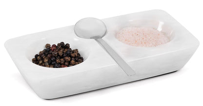 Marble Salt and Pepper Dish with Spoon, Handcrafted Double Spice Tray with 2 Compartments, Natural Stone Condiment Dish for Cooking Prep and Serving - White