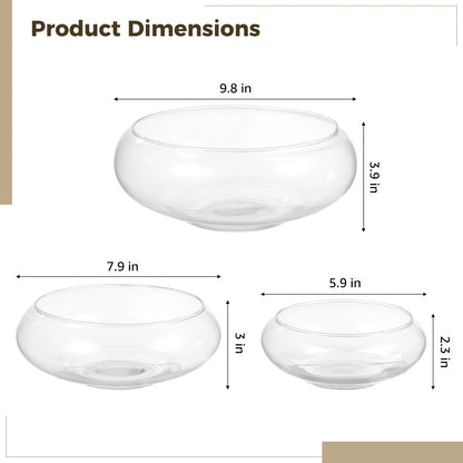 3 PCS Round Glass Vase Bowl, 6"/ 8"/10" Wide Mouth Round Glass Bowls, Succulent Planters, Fish Tank, Bubble Vases, Floral Decor Centerpieces, Flower Pots for Home Decoration (3PCS)
