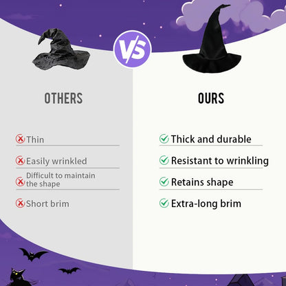 QINYIER Halloween Black Witch Hat for Adult Women, Velvet Hat with Extra Tall Size and Extended Brim, Adjustable and Secure Shape, Cosplay Costume Accessories for Party