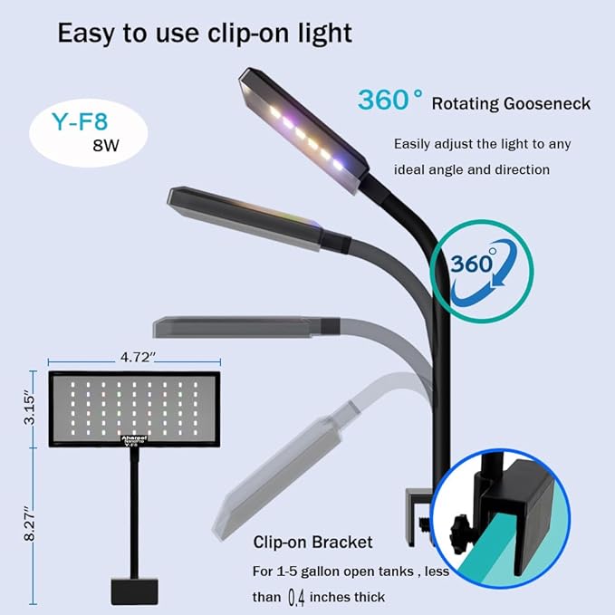 Mini Clip-On Aquarium Light 8W Full Spectrum LED for Nano & Betta Fish Tanks, Timer & 10-Level Dimmer, Freshwater Planted Desk Aquariums 1–5 Gallons