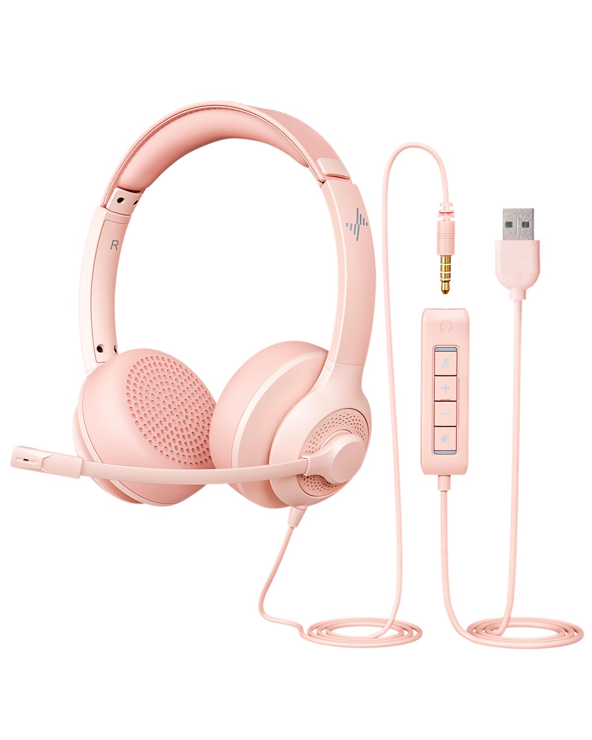 JIAMQISHI USB Headset with Microphone for PC, On-Ear Computer Laptop Headphones with Noise Cancelling Mic in-line Control for Home Office Online Class Zoom (USB+3.5mm, Pink)