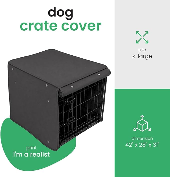 Molly Mutt I'm a Realist Dog Crate Cover, 100% Cotton Canvas Cover with 2 Roll-Up Panels, Ideal for Dog or Cat Crate, Durable, Washable, and Free of Harmful Chemicals, 42" x 28" x 31"