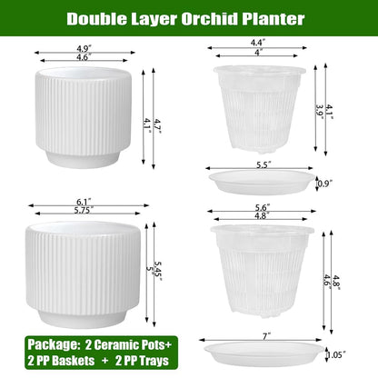 MUZHI Ceramic Orchid Pot with Holes and Drainage Tray Set of 2, 5+6 Inch, Double Layer Orchid Planter with Clear Plastic Inner Net Baskets Pots for Repotting
