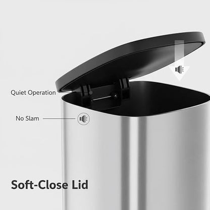 Garvee Stainless Steel Trash Can, 50 L/13 gal Hands Free Garbage Can with Soft Close Lid and Foot Pedal, Metal Kitchen Waste Bin with Inner Bucket for Living Room, Office, D Shape, Silver