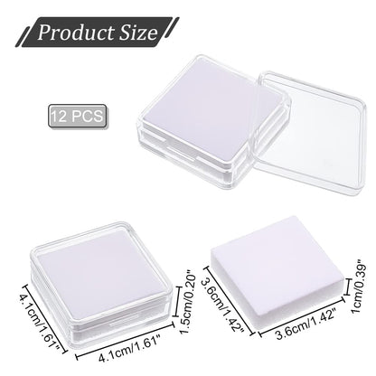 NBEADS 12 Pcs Gemstone Display Box, 1.6x1.6x0.6 Transparent Polystyrene Square Jewelry Display Container Diamond Storage Box with Clear Top Lids and White Sponge for Bare Stone Diamond