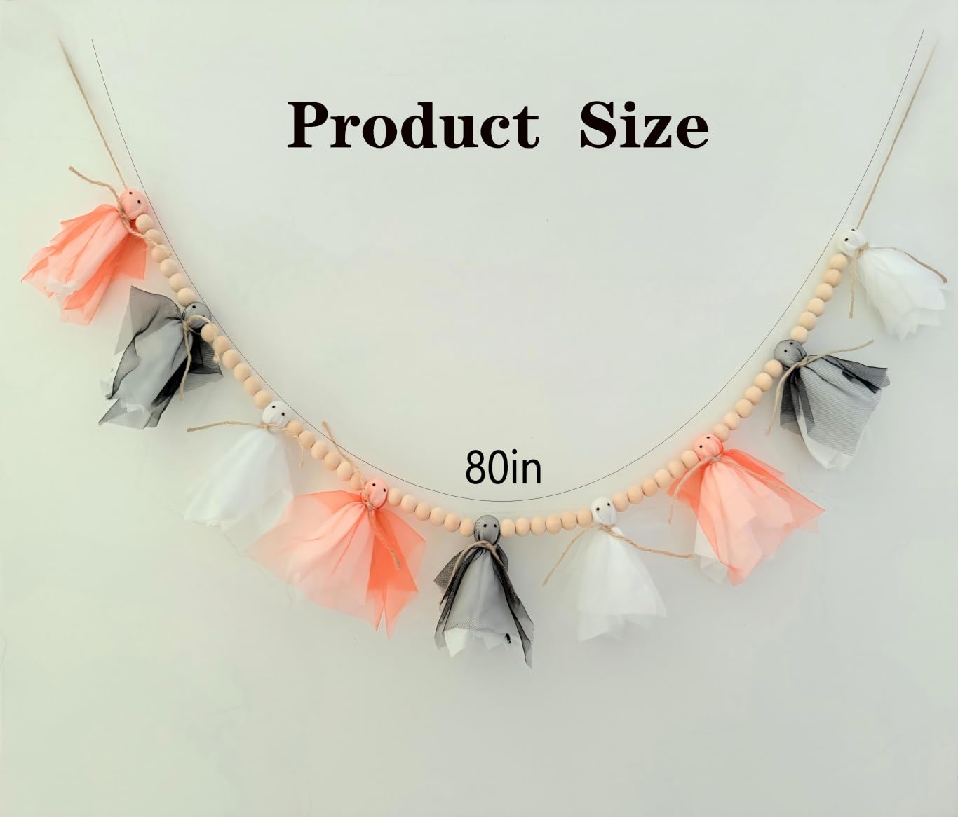 Halloween Garland,Cute Ghost with Wooden Beads Garlands, Handmade Rustic Halloween Banner for Wall Home Indoor Outdoor Home Mantel Decor Supplies, White,Black,Orange (White Black Orange Ghost)
