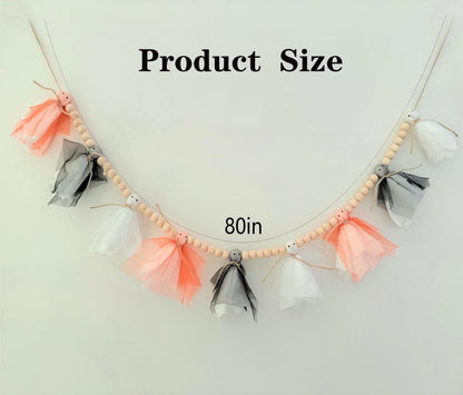 Halloween Garland,Cute Ghost with Wooden Beads Garlands, Handmade Rustic Halloween Banner for Wall Home Indoor Outdoor Home Mantel Decor Supplies, White,Black,Orange (White Black Orange Ghost)