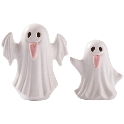 WDS WONDROUS Light Up Halloween Ghost Decorations Set of 2, Cute Ghost Figurines with Witch Hat Halloween Decor, Ceramic Ghosts Light for Indoor Fall Table Decor, Home Tiered Tray Fireplace