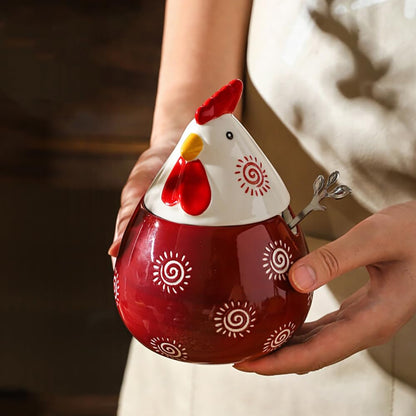 Sizikato Porcelain Condiment Pot with Lid and Spoon, Red Chicken Shape Ceramic Salt Bowl Sugar Bowl for Kitchen