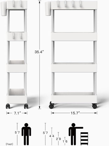 Pipishell Slim Storage Cart with Wheels, 4 Tier Bathroom Storage Organizer Rolling Utility Cart for Bathroom Kitchen Laundry Room Office Narrow Place (White)