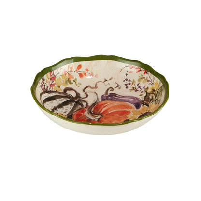 Harvest Morning Ceramic Serving Bowl – Perfect for pasta, salads, or side dishes, this serving bowl showcases vibrant pumpkins and leaves for a stunning fall table centerpiece 128 oz