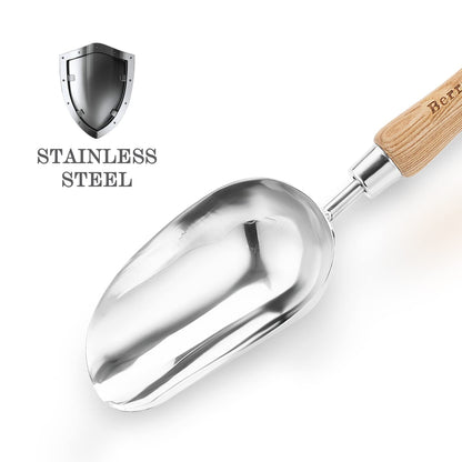 Berry&Bird Garden Loose Soil Scoop, Stainless Steel Hand Shovel Spade with Wood Handle Multi Function Gardening Trowel Spoons for Transplanting, Digging, Planting, Cultivation