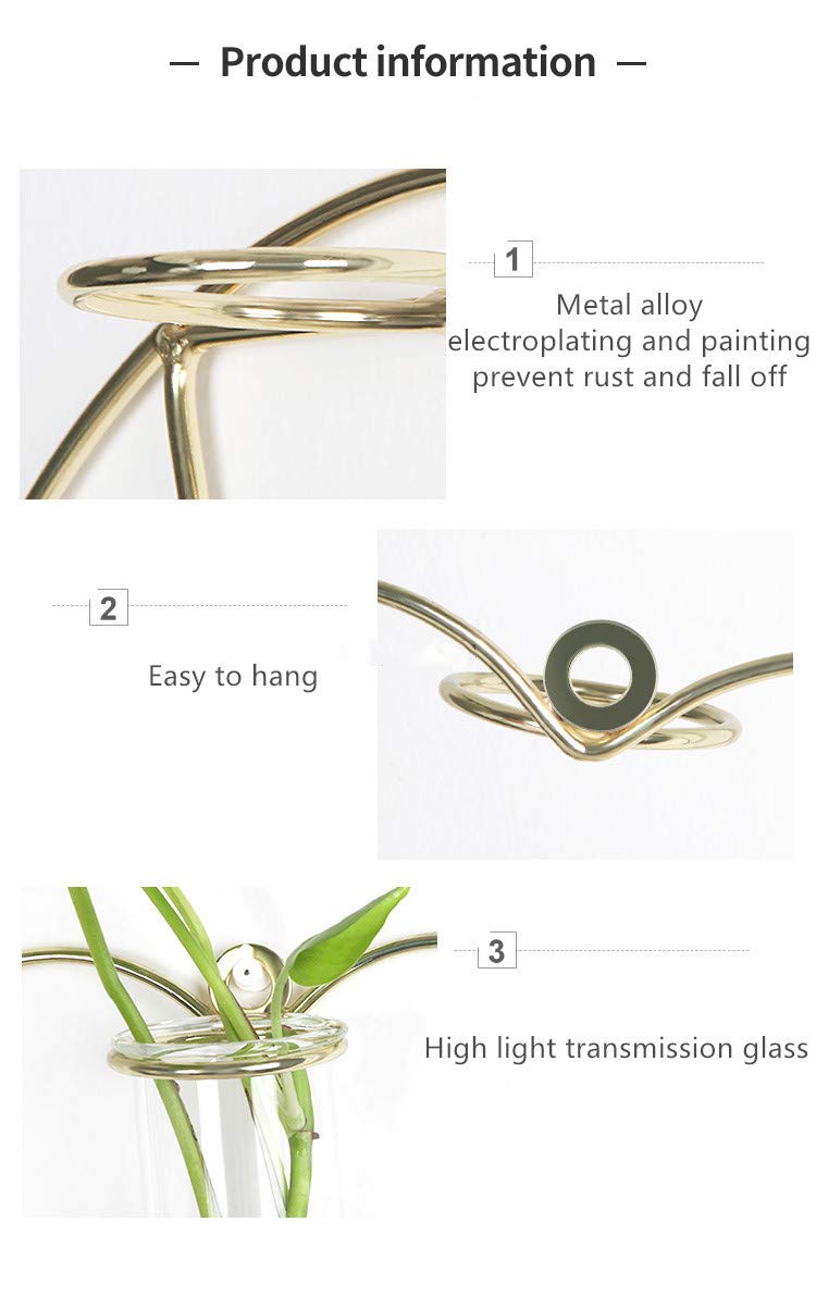 Nordic Wall Vase,Gold Geometric Vase Hanging Hydroponic Planter,Wall-Mounted Metal Glass Tube Bud Vase Decorative for Centerpieces Wedding Home Decor(Gold 1)