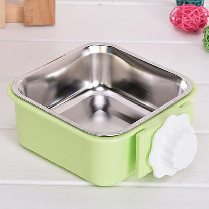 Crate Dog Bowl,Removable Stainless Steel Water Food Feeder Bowls Crate Coop Cup,Pet Cage Bowls with Bolt Holder for Cat, Puppy, Birds, Rats, Rabbits Small Animals ((Blue+Green) Square, Large)