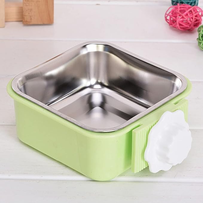 Crate Dog Bowl,Removable Stainless Steel Water Food Feeder Bowls Crate Coop Cup,Pet Cage Bowls with Bolt Holder for Cat, Puppy, Birds, Rats, Rabbits Small Animals ((Blue+Green) Square, Samll)