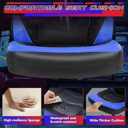 Sweetcrispy Computer Gaming Desk Chair - Ergonomic Office Executive Adjustable Swivel Task PU Leather Racing Chair with Flip-up Armrest for Adults, Kids, Men, Girls, Gamer, Black Blue